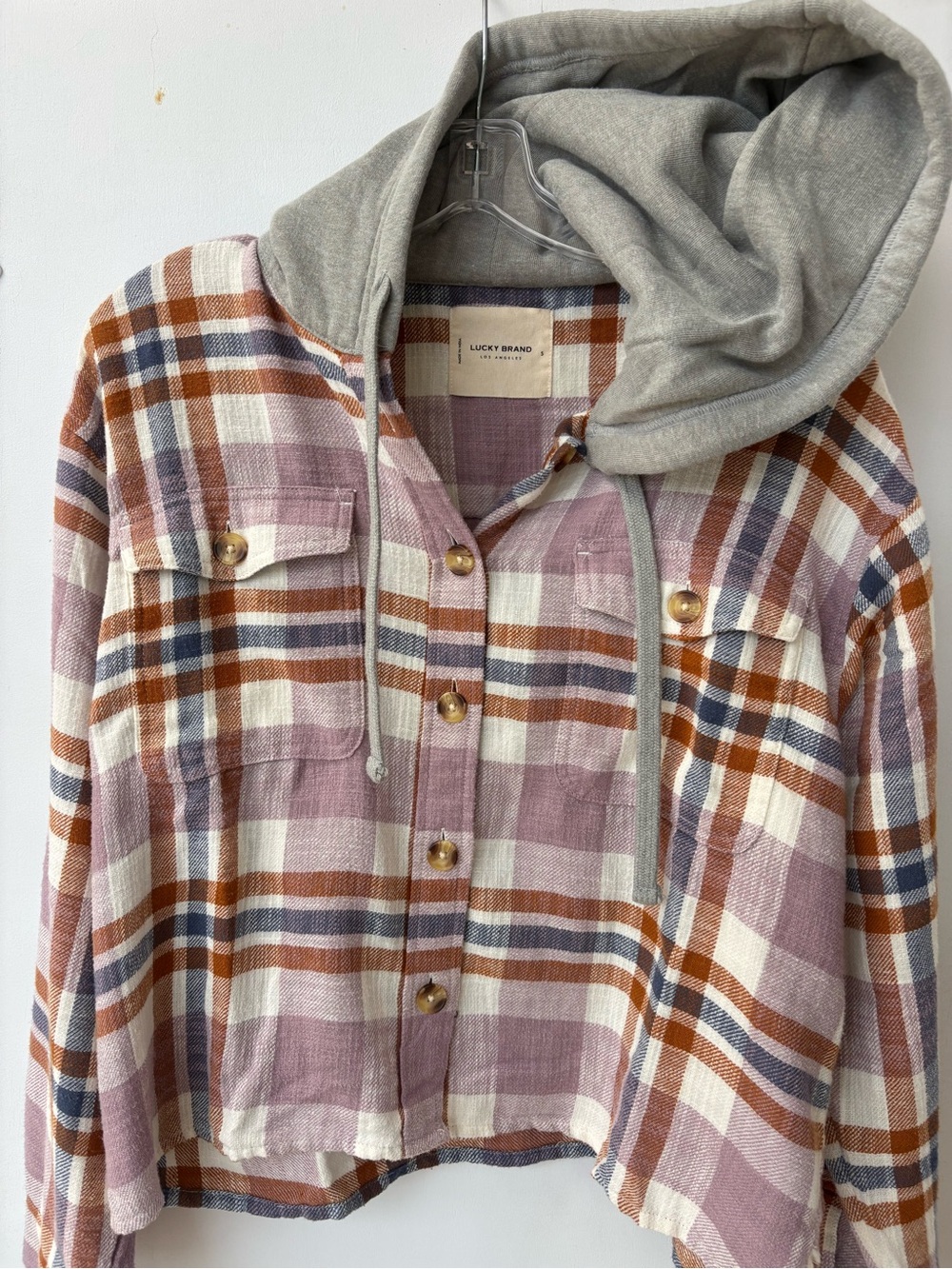 Lucky Brand Women’s Small Plaid Hooded Flannel Shirt Gray Hoodie Fall Shacket